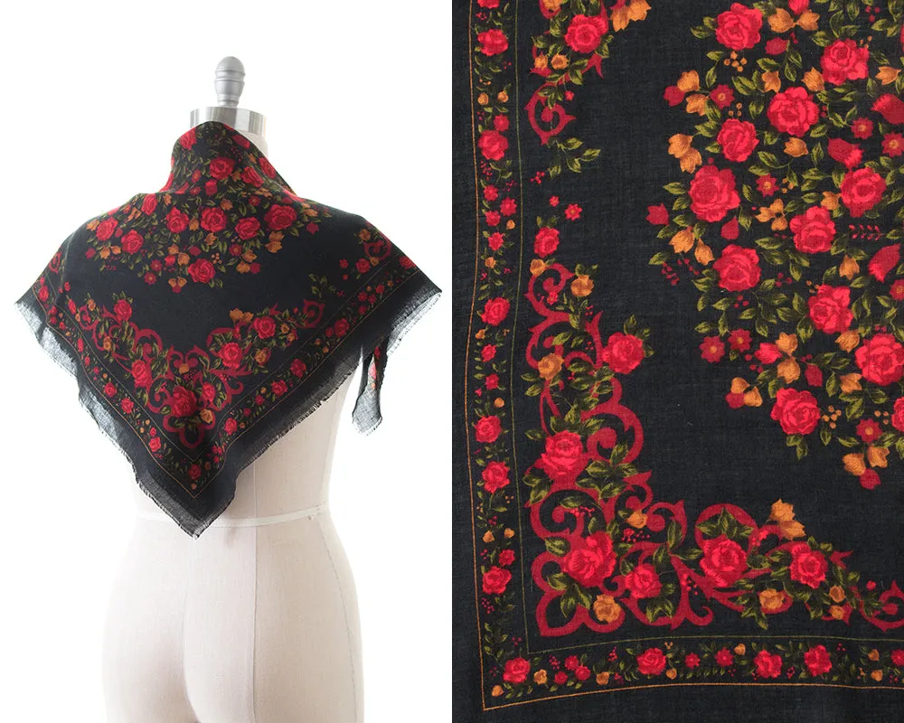 1970s Rose Printed Large Square Scarf