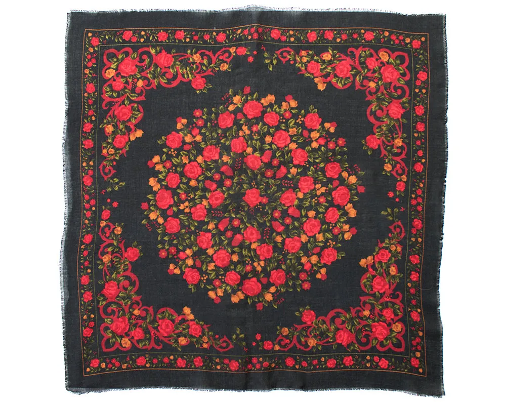 1970s Rose Printed Large Square Scarf