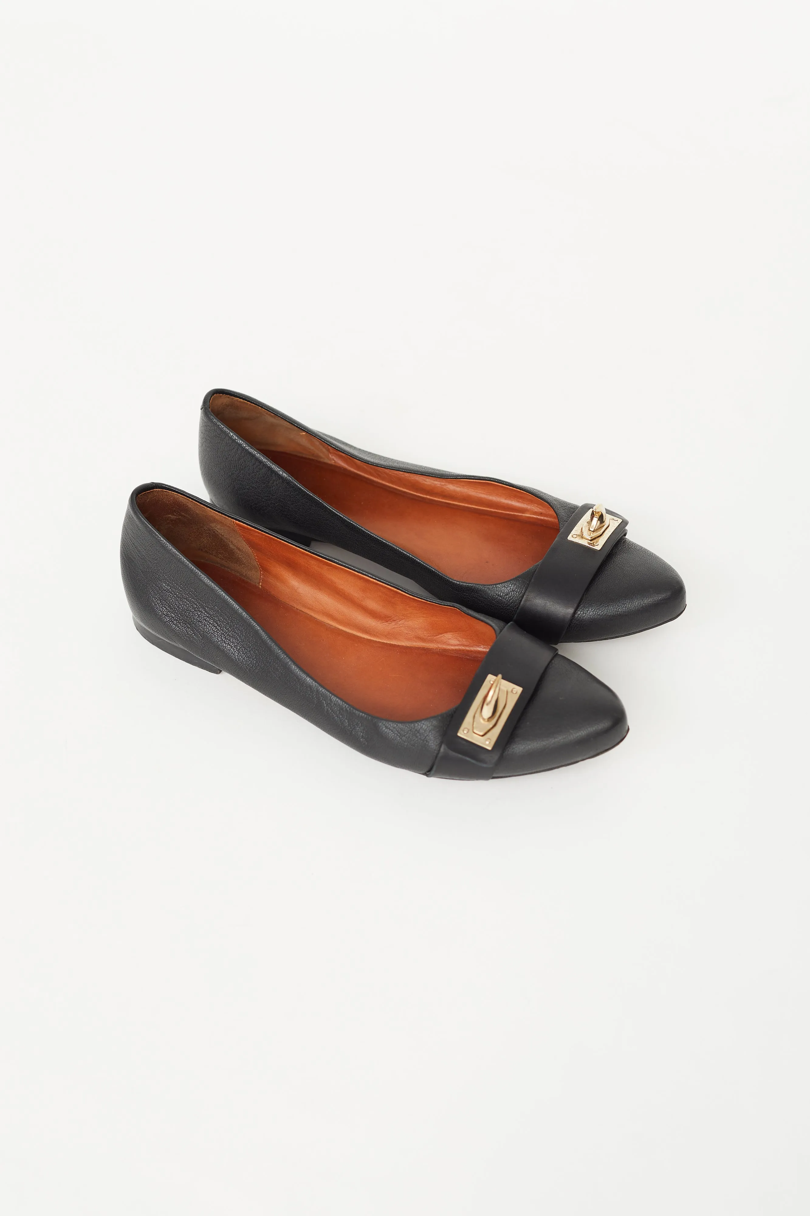 Black Leather Gold Embellished Ballet Flat