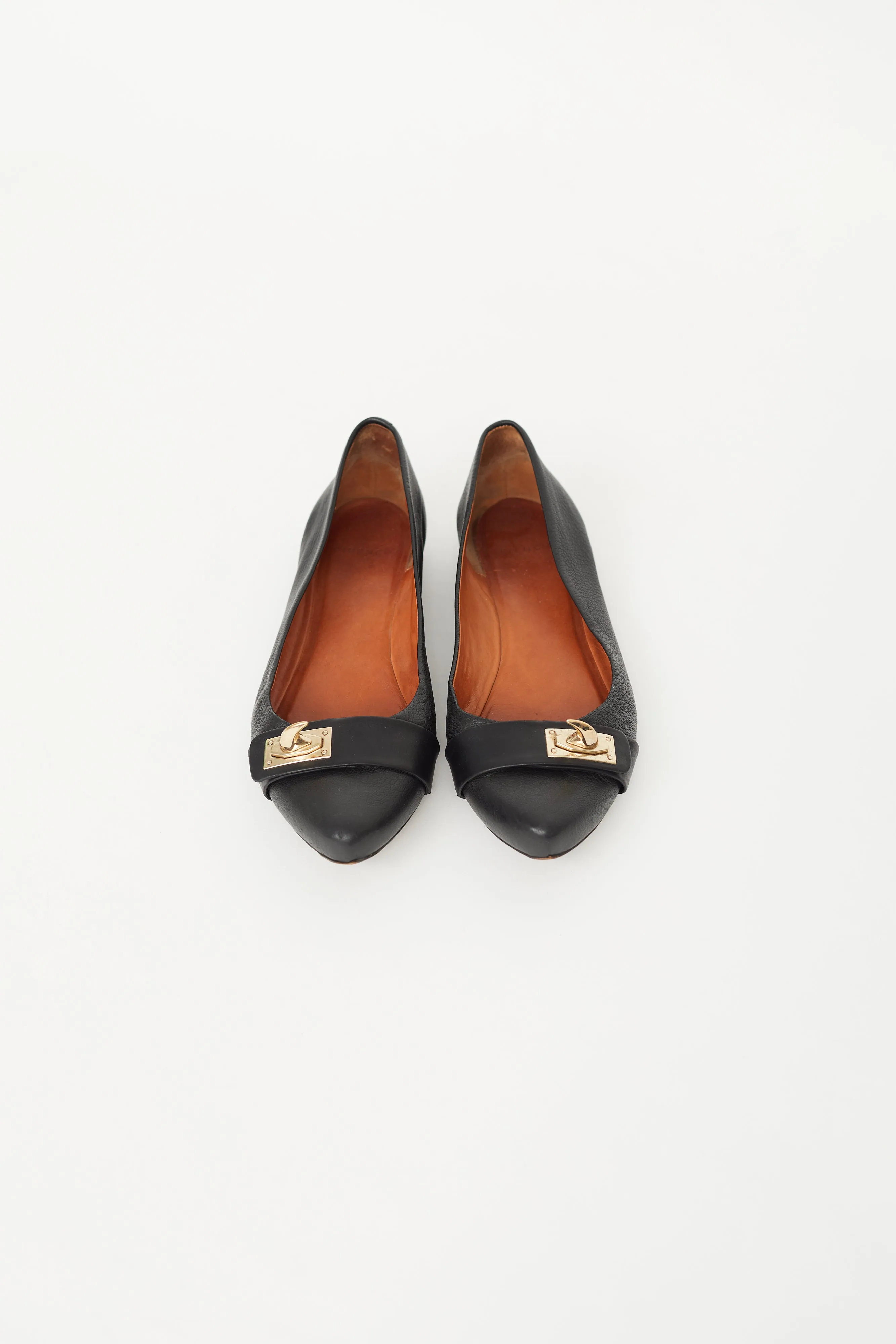Black Leather Gold Embellished Ballet Flat