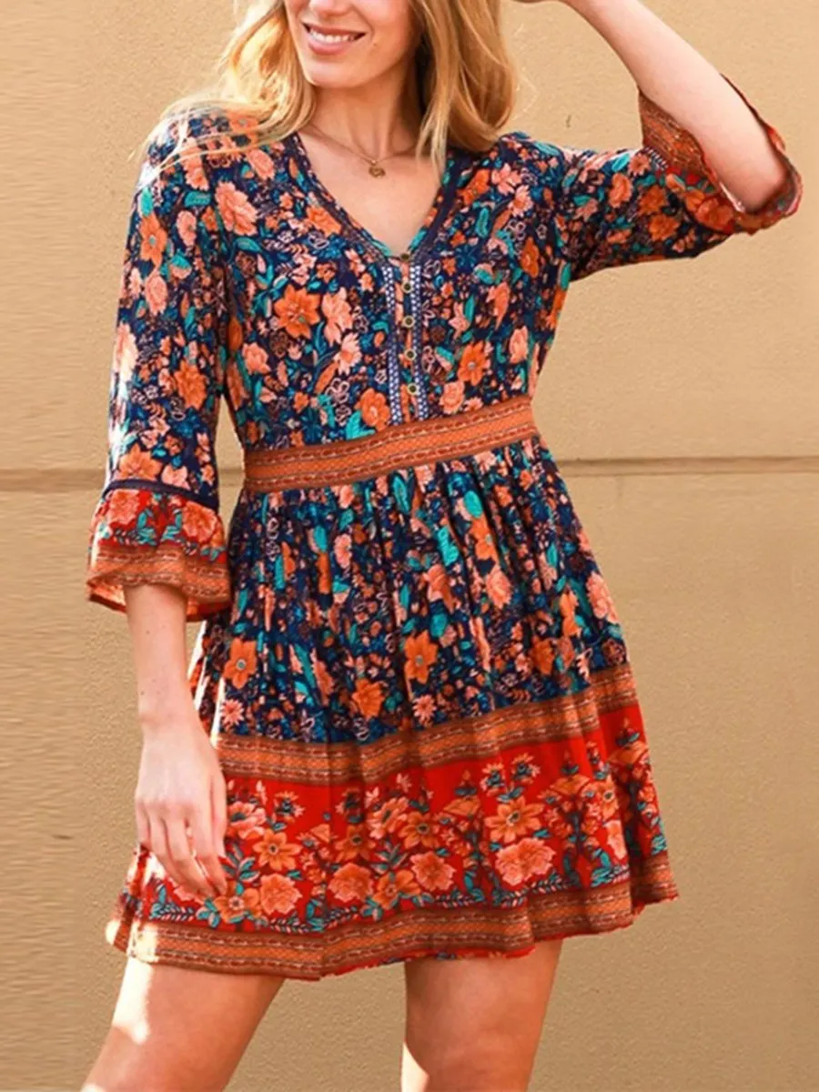 Bohemian Style V-Neck 3/4 Sleeves Floral Dresses