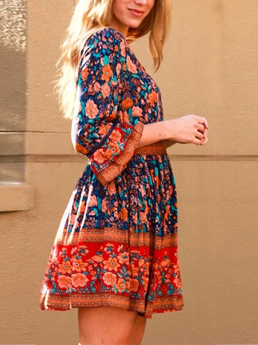 Bohemian Style V-Neck 3/4 Sleeves Floral Dresses