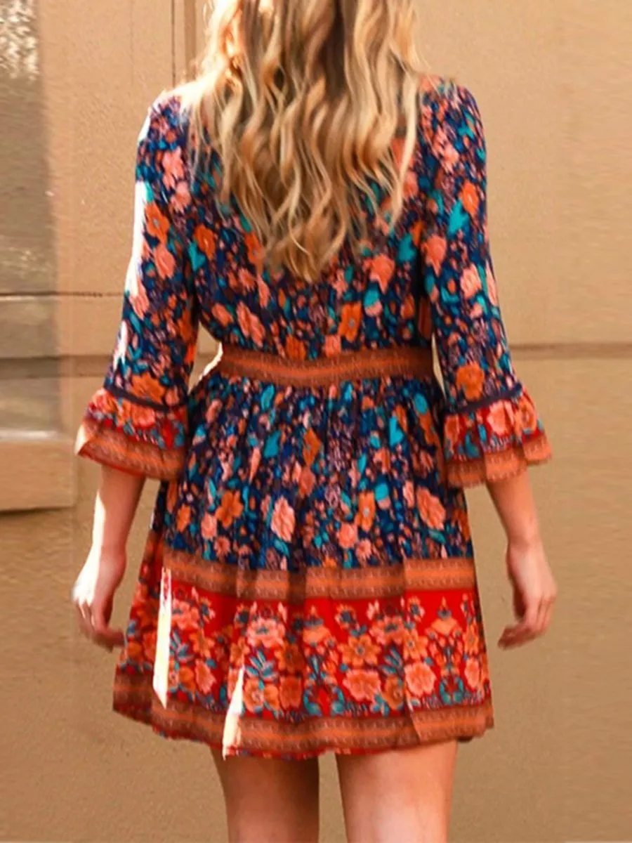 Bohemian Style V-Neck 3/4 Sleeves Floral Dresses