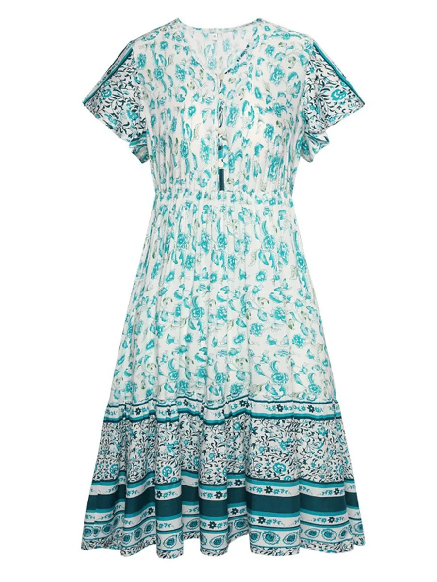 Bohemian style V-Neck Floral Dresses