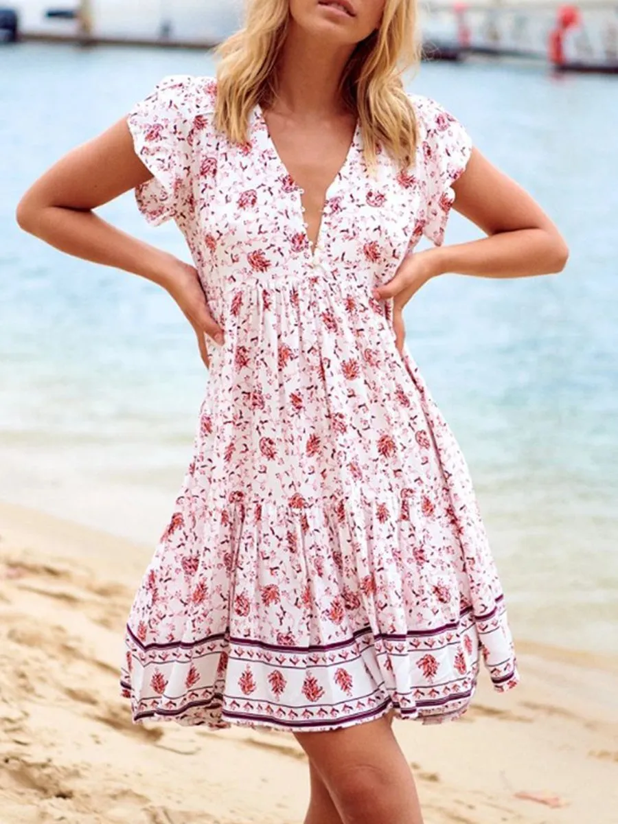 Bohemian style V-Neck Floral Dresses