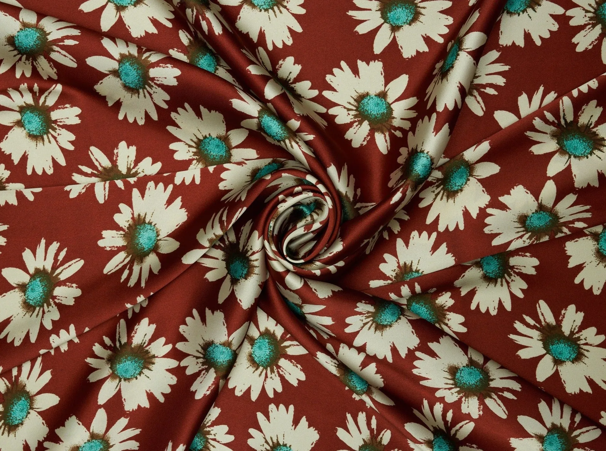 Charmeuse satin fabric by the yard -  Burgundy Daisy floral print