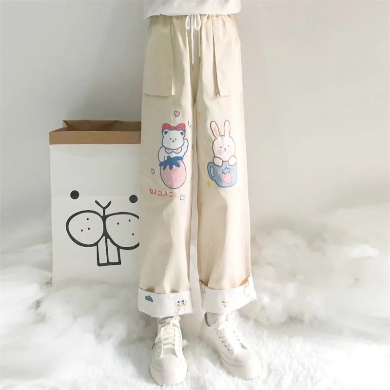 Cute Soft Girl Bear Embroidery Straight Pants