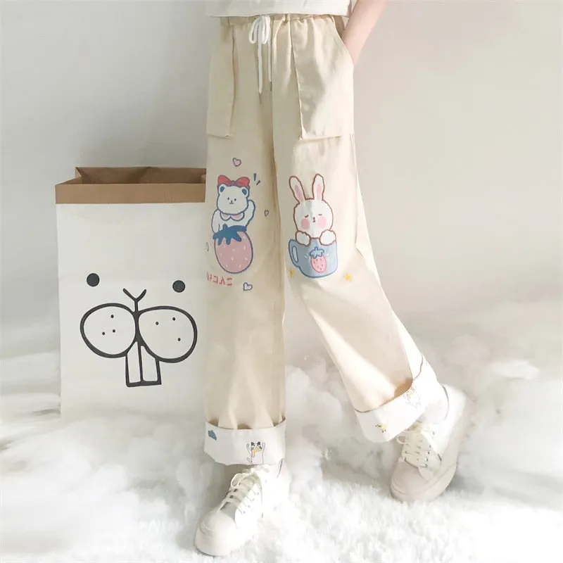 Cute Soft Girl Bear Embroidery Straight Pants
