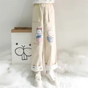 Cute Soft Girl Bear Embroidery Straight Pants