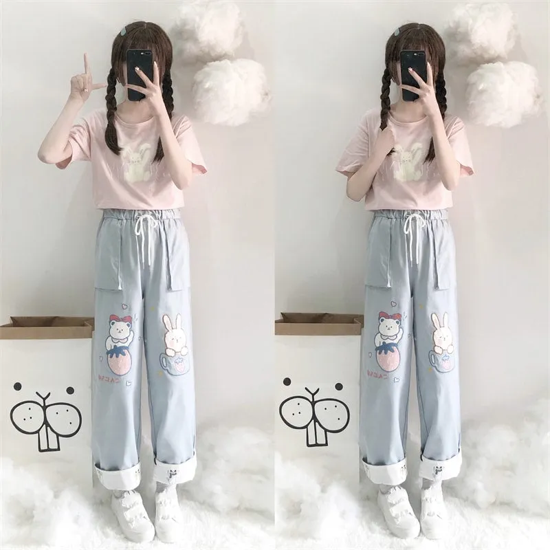 Cute Soft Girl Bear Embroidery Straight Pants