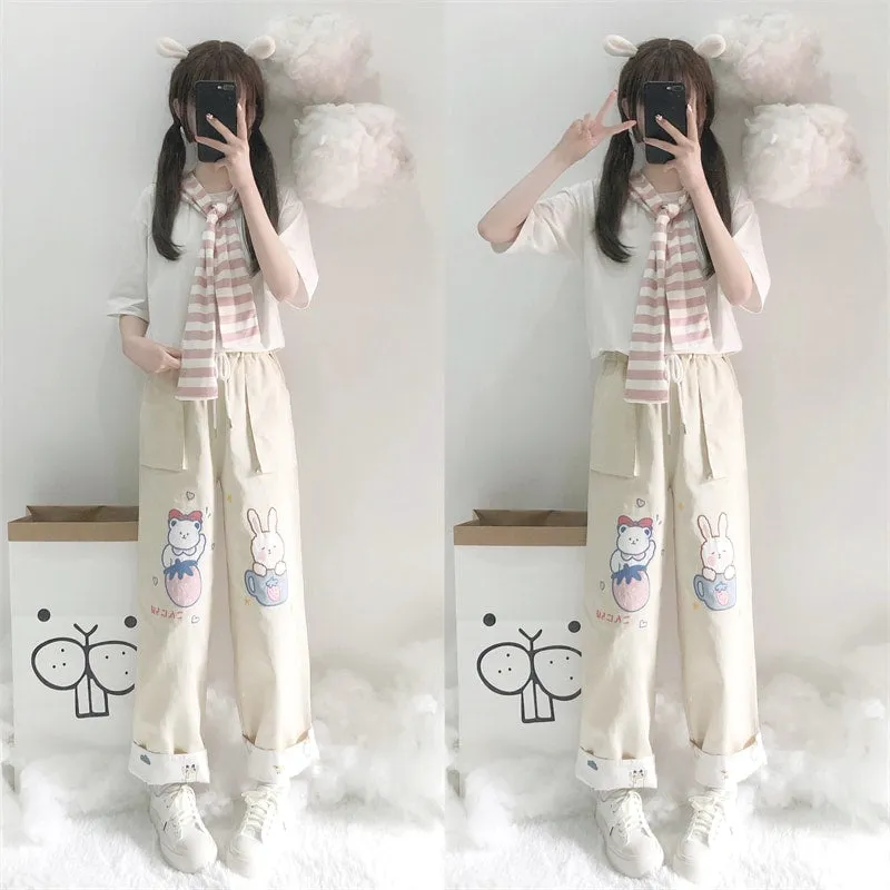 Cute Soft Girl Bear Embroidery Straight Pants