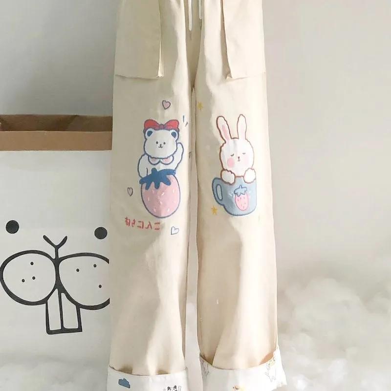 Cute Soft Girl Bear Embroidery Straight Pants