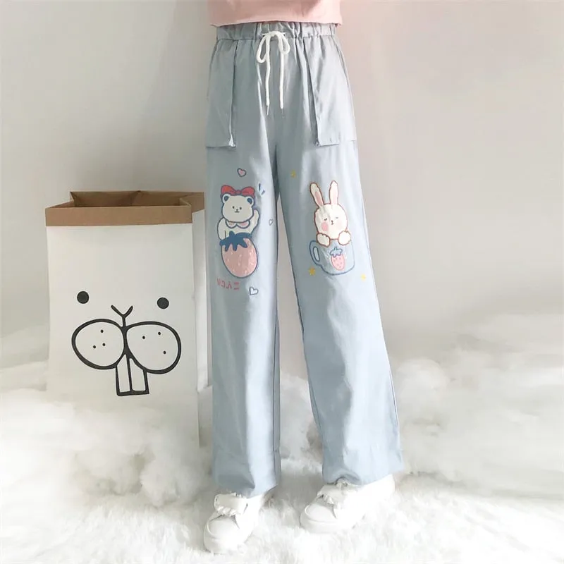 Cute Soft Girl Bear Embroidery Straight Pants