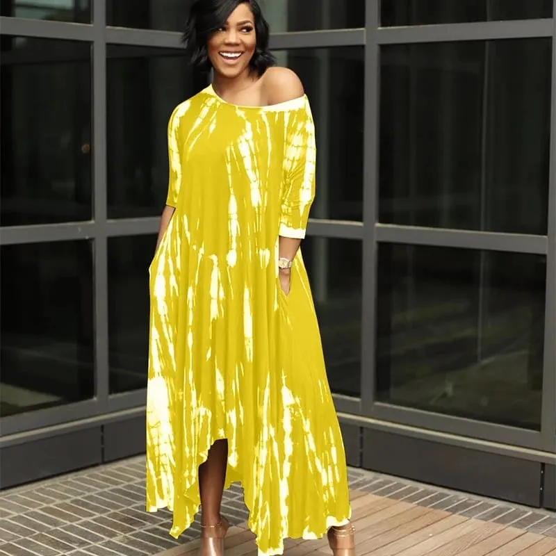 Fashion Women New Style Split Long Dress Wide Neck Tie Dye Dresses with Pockets Summer Women Dress Casual Dresses 2XL S3921630