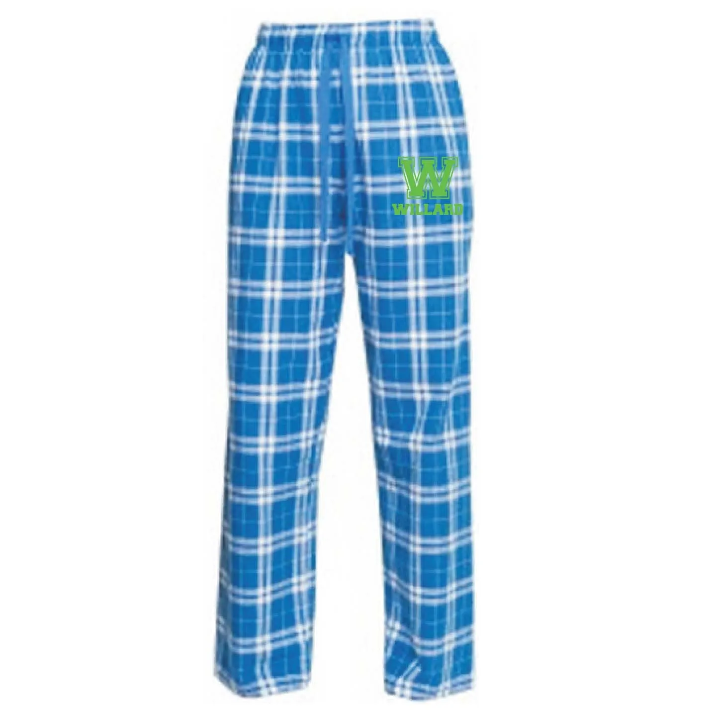 Flannel Pants <br>ROYAL and WHITE PLAID with GREEN INK