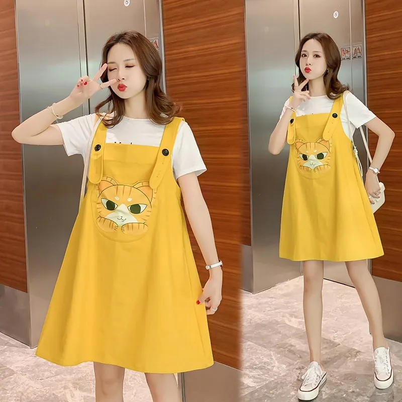 Kawaii Cartoon Cat Printed Suspender Pants Set