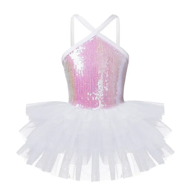Kids Girls Halter Sequins Glitter Ballet Dance Skirt Gymnastics Leotard Tutu Dress Princess Dance Wear Ballerina Stage Costume