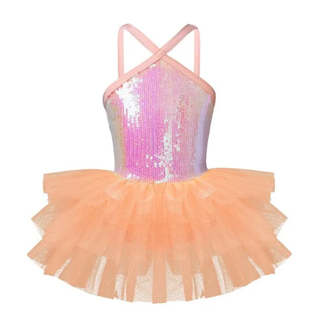 Kids Girls Halter Sequins Glitter Ballet Dance Skirt Gymnastics Leotard Tutu Dress Princess Dance Wear Ballerina Stage Costume