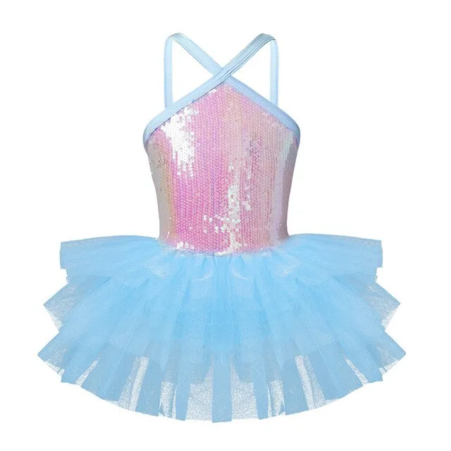 Kids Girls Halter Sequins Glitter Ballet Dance Skirt Gymnastics Leotard Tutu Dress Princess Dance Wear Ballerina Stage Costume