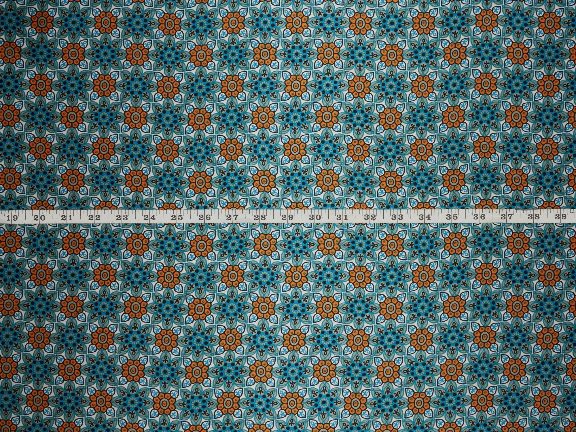 MonSar floral tile charmeuse satin fabric by the yard - Geo floral teal orange