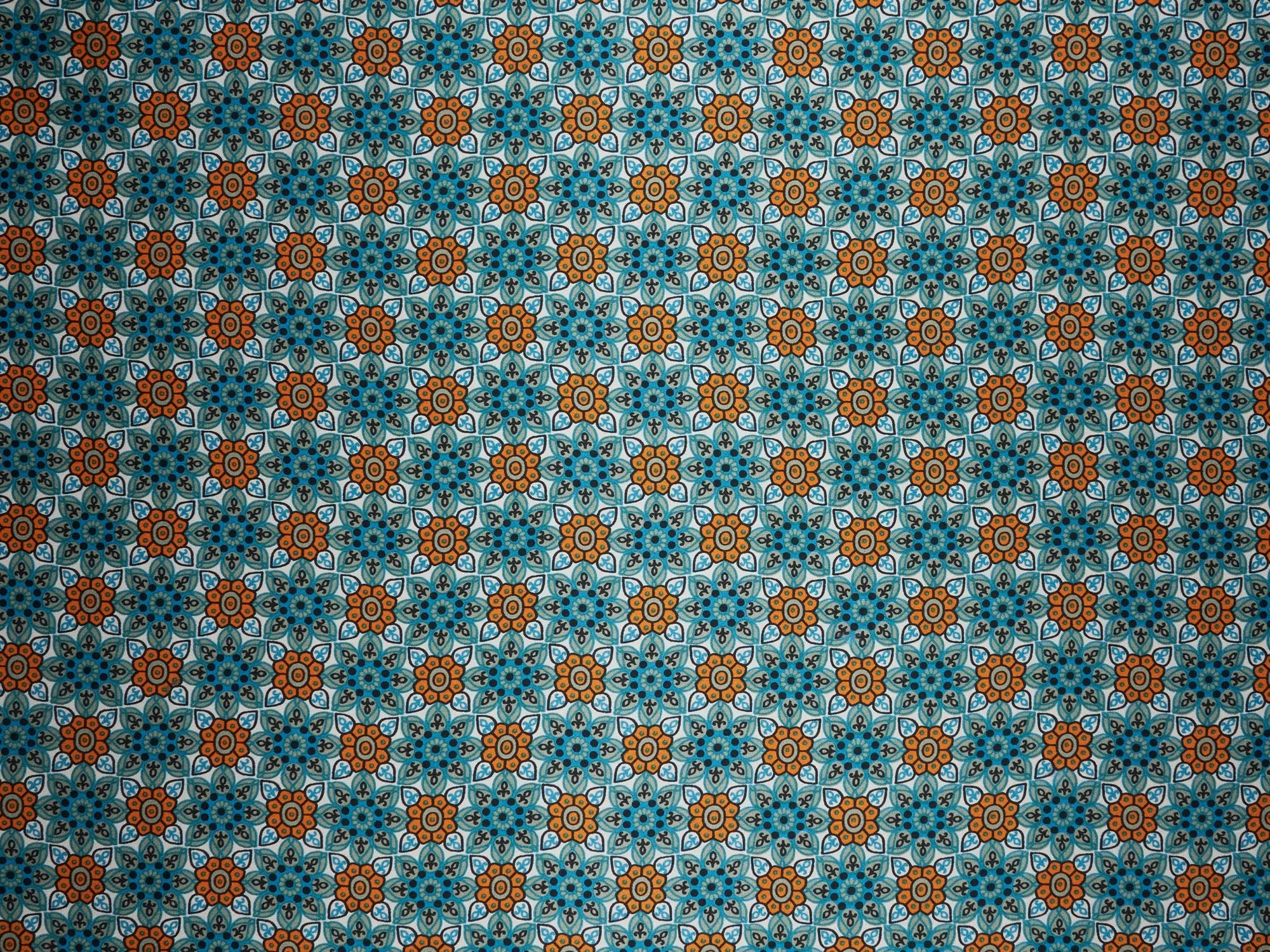 MonSar floral tile charmeuse satin fabric by the yard - Geo floral teal orange