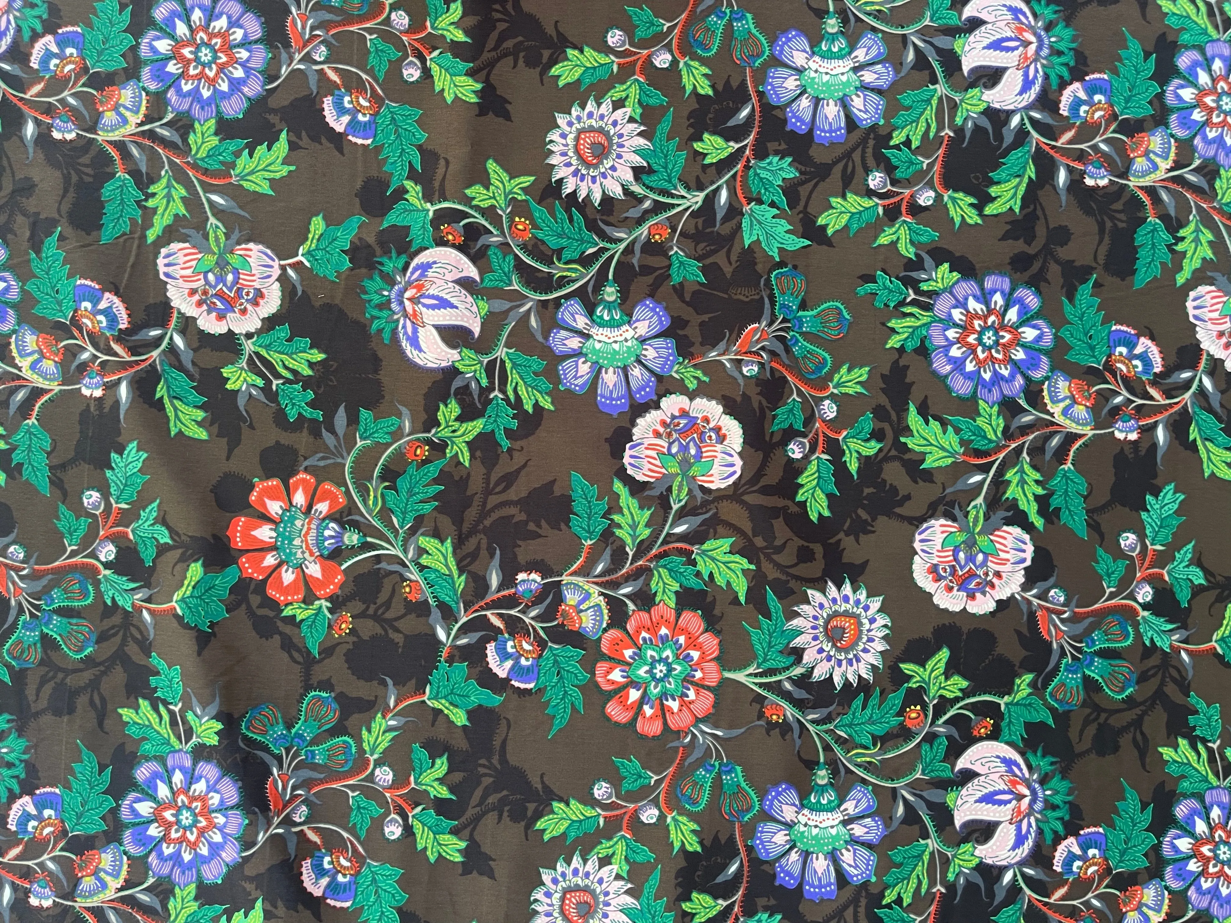 Peachskin  fabric by the yard -   brown  purple  green floral  print