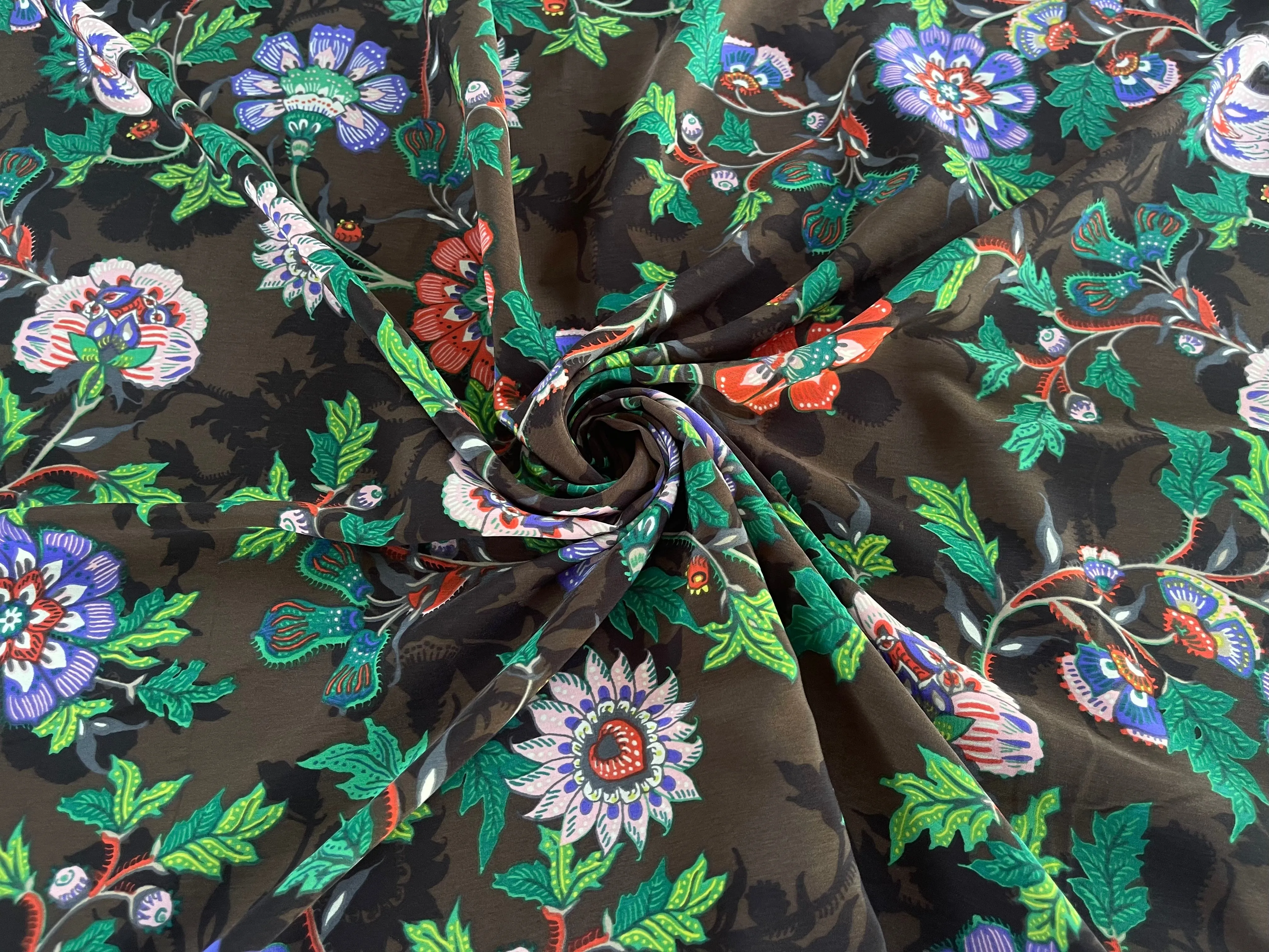 Peachskin  fabric by the yard -   brown  purple  green floral  print
