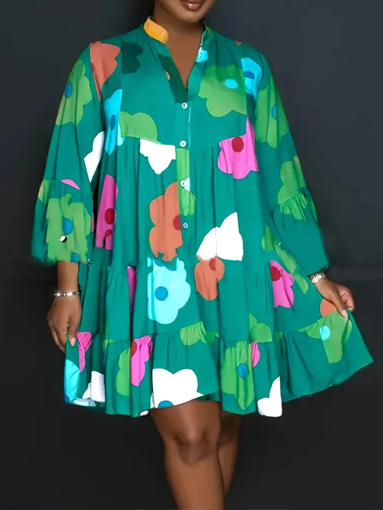 Plus Size Casual Pleated Floral Dress