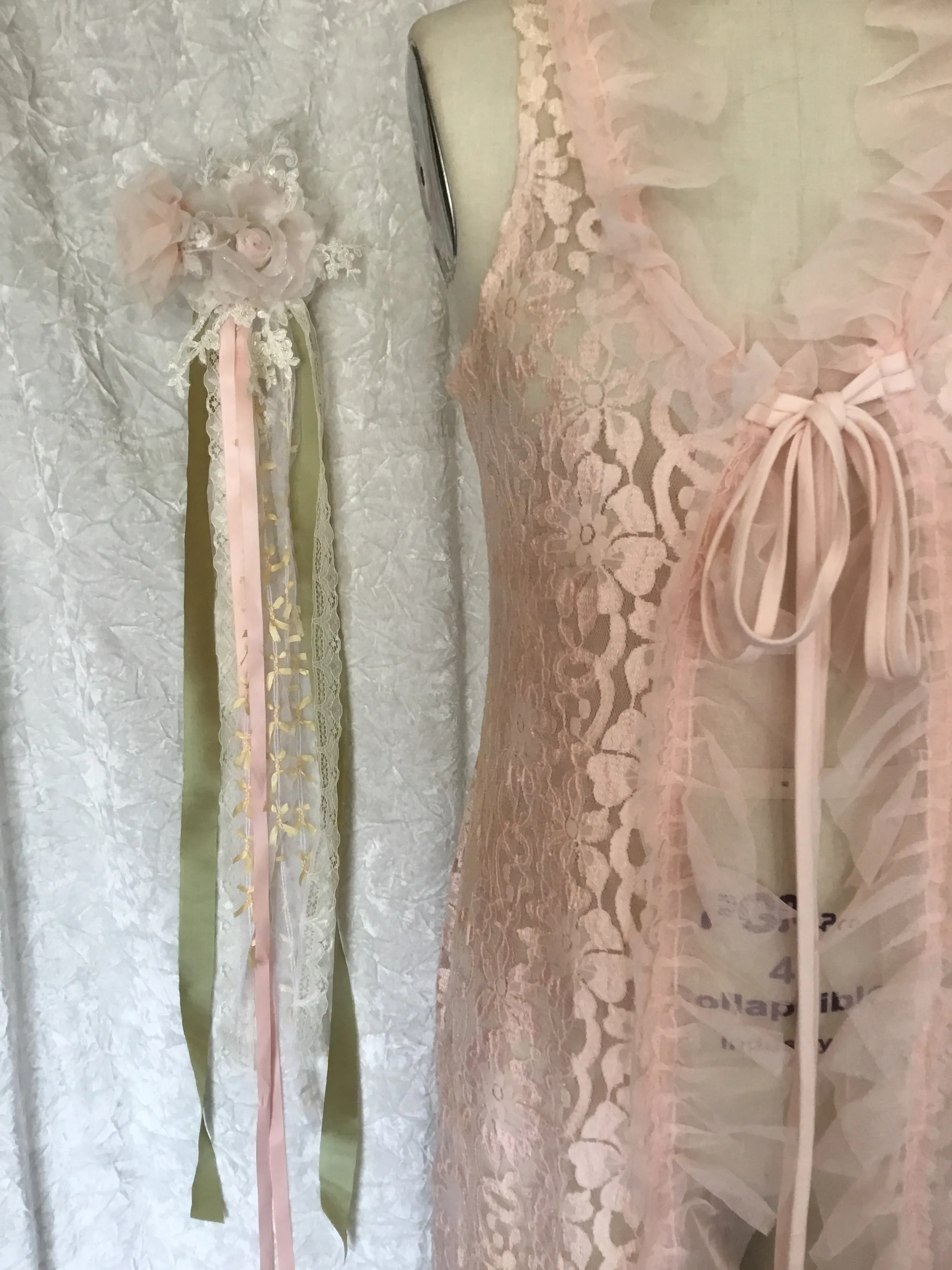 "Elegant Peach Lace Duster Vest with Tulle Ruffle and Ribbon Closure"