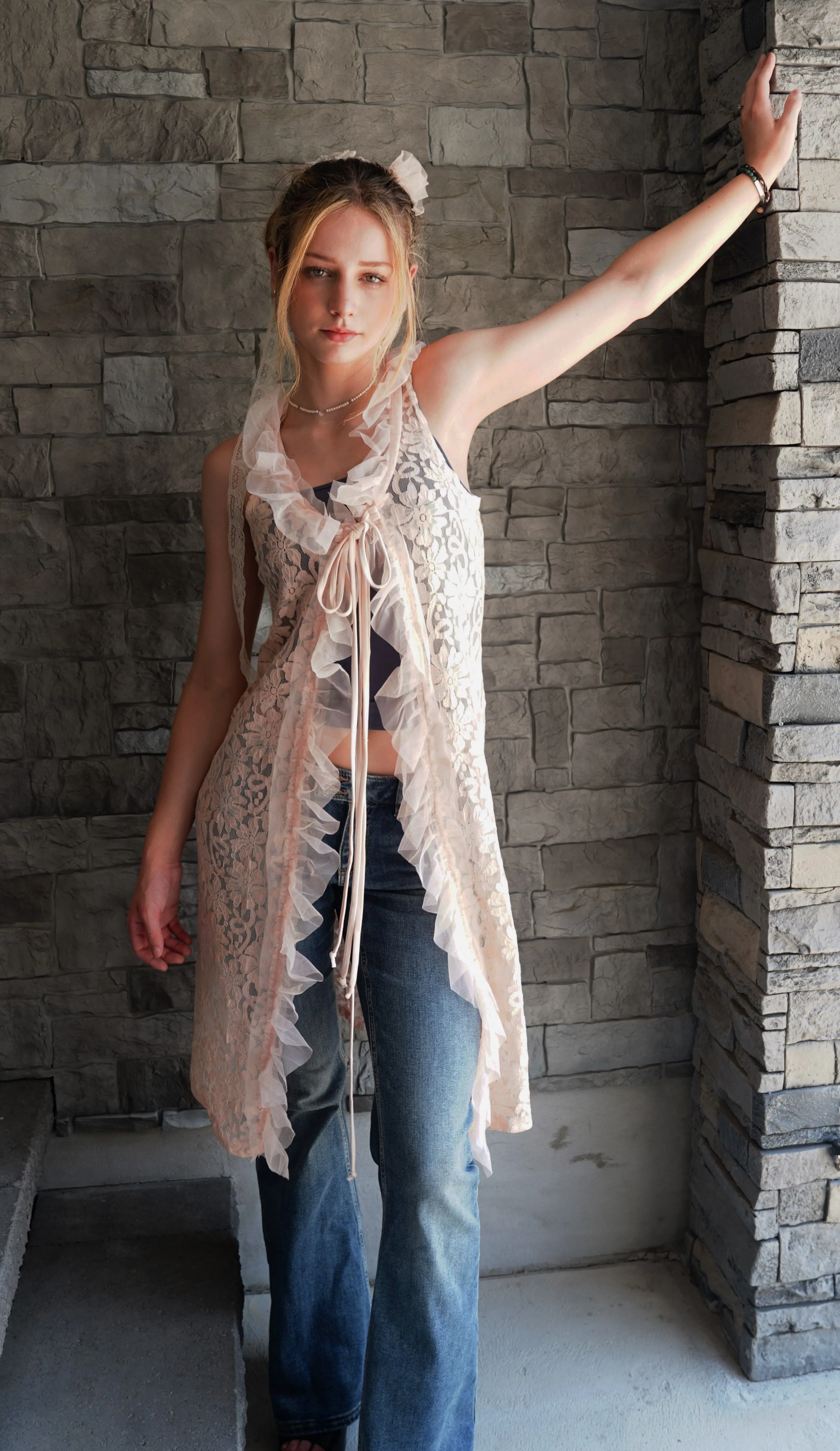 "Elegant Peach Lace Duster Vest with Tulle Ruffle and Ribbon Closure"