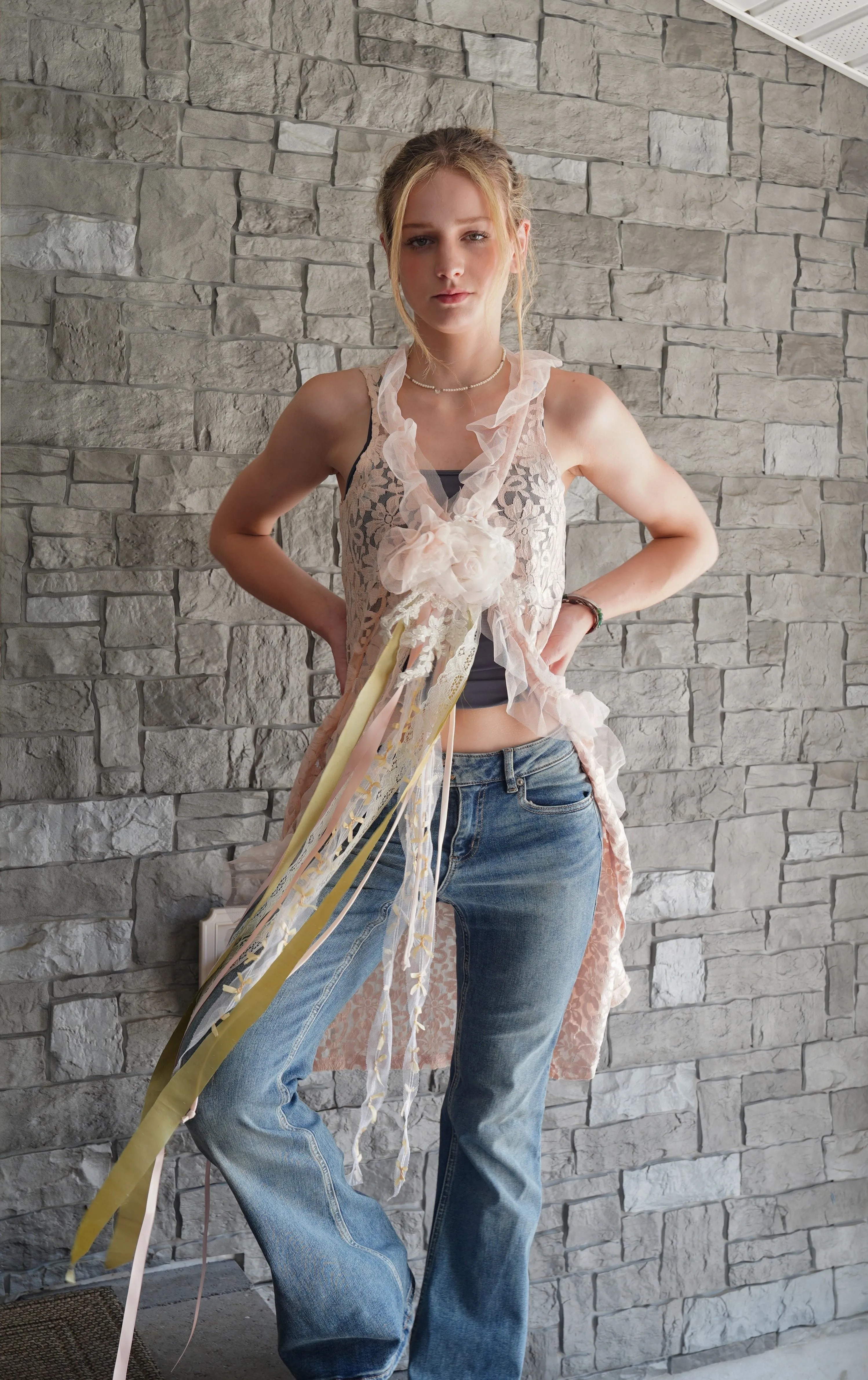 "Elegant Peach Lace Duster Vest with Tulle Ruffle and Ribbon Closure"