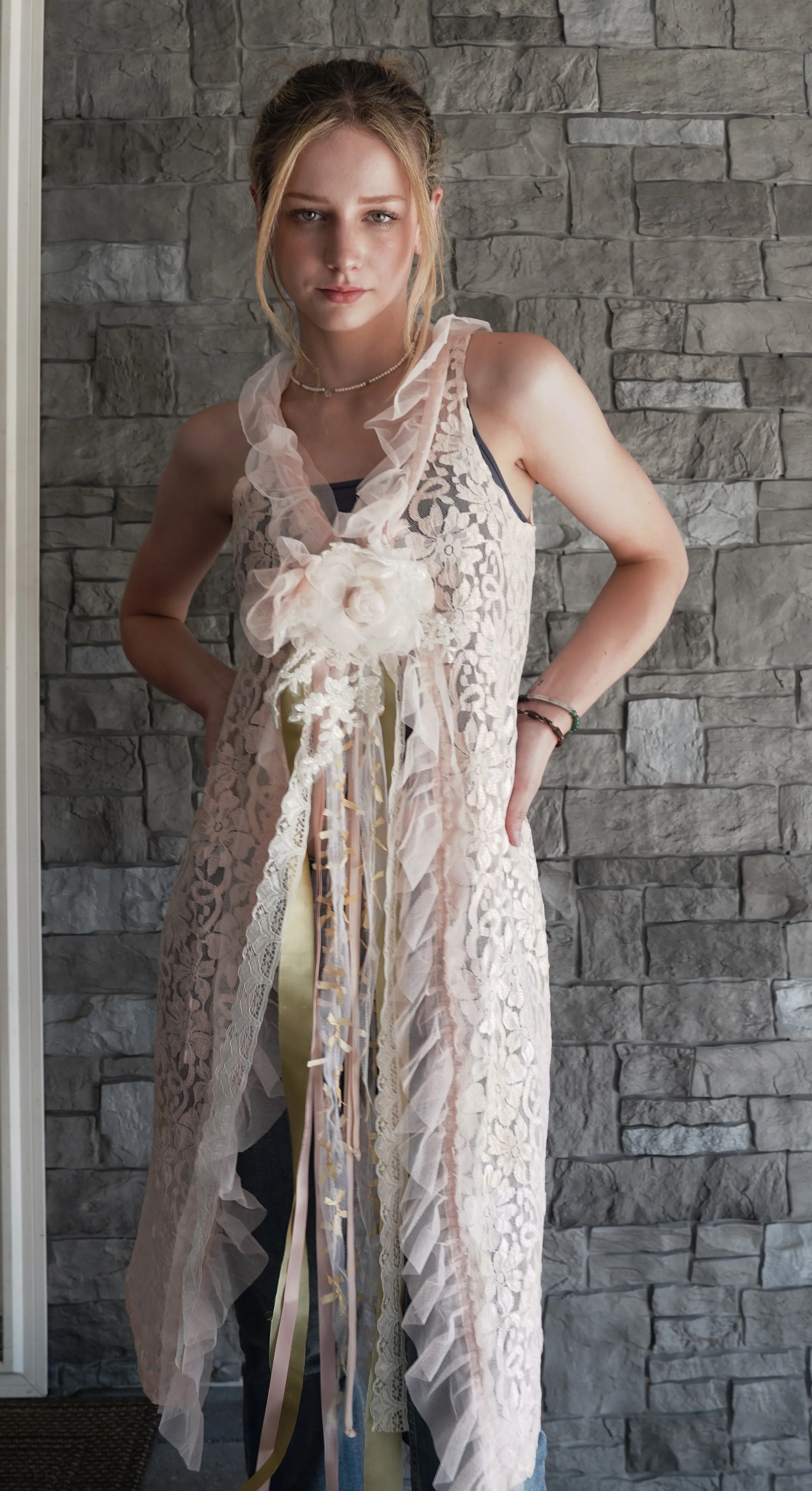 "Elegant Peach Lace Duster Vest with Tulle Ruffle and Ribbon Closure"