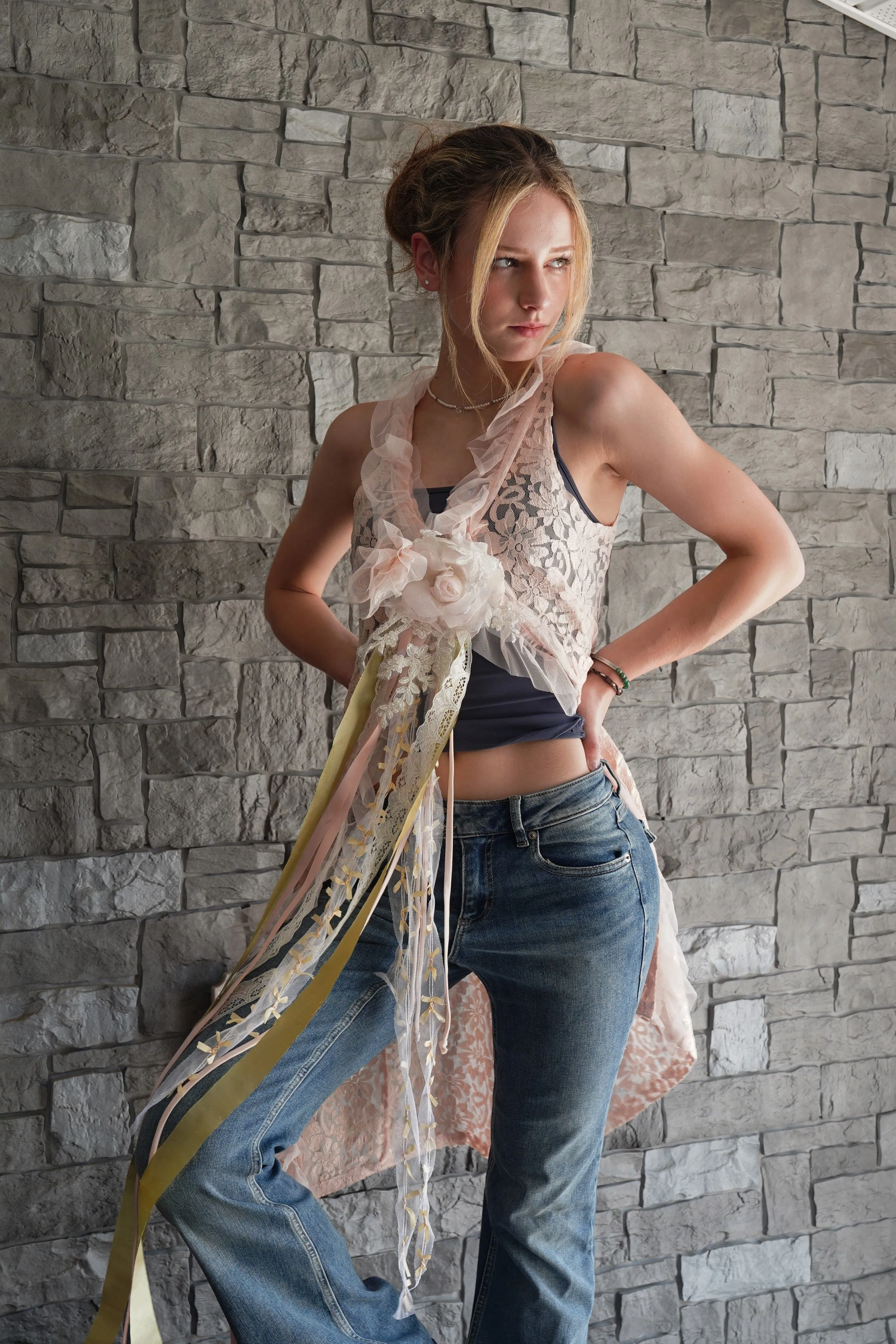 "Elegant Peach Lace Duster Vest with Tulle Ruffle and Ribbon Closure"