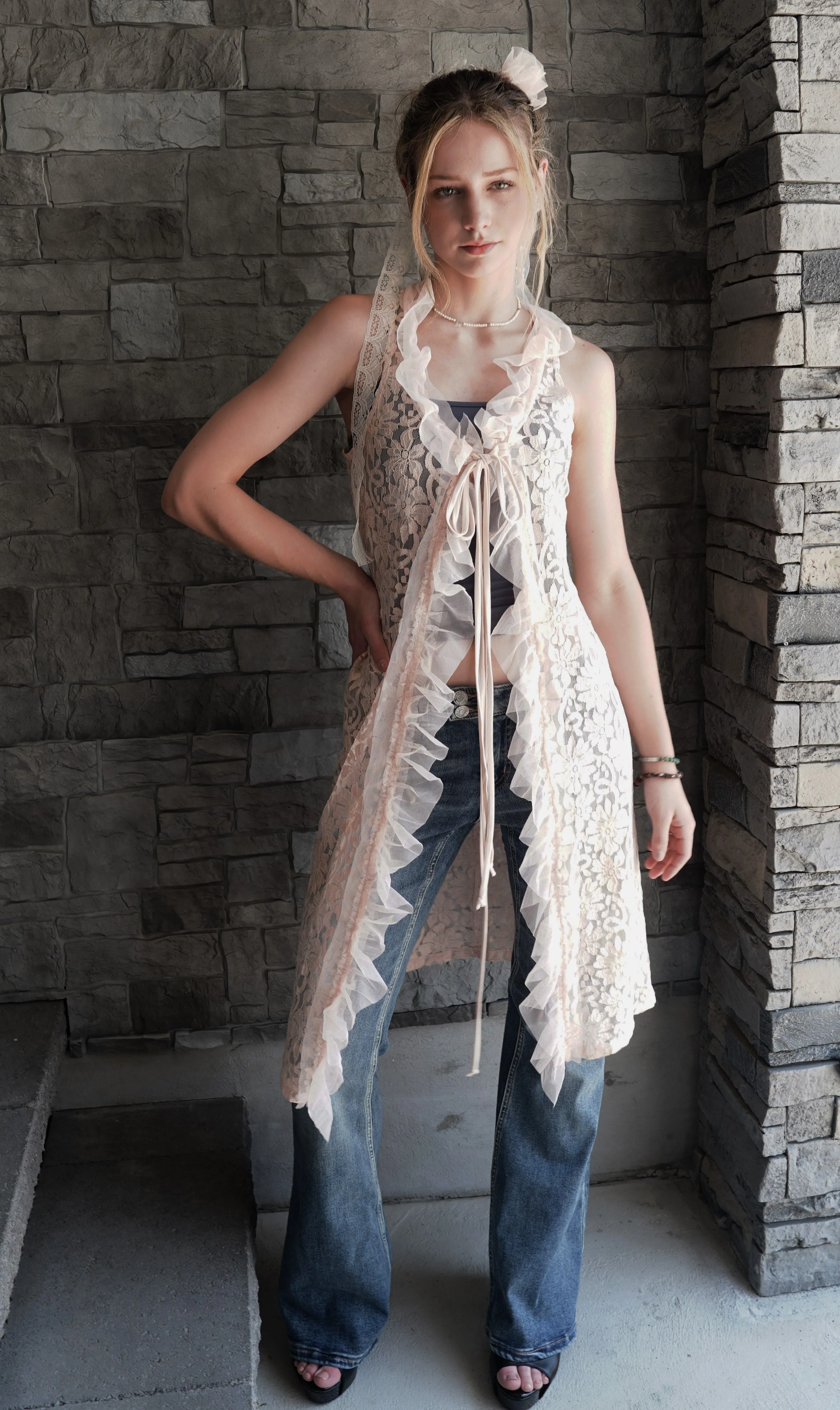 "Elegant Peach Lace Duster Vest with Tulle Ruffle and Ribbon Closure"