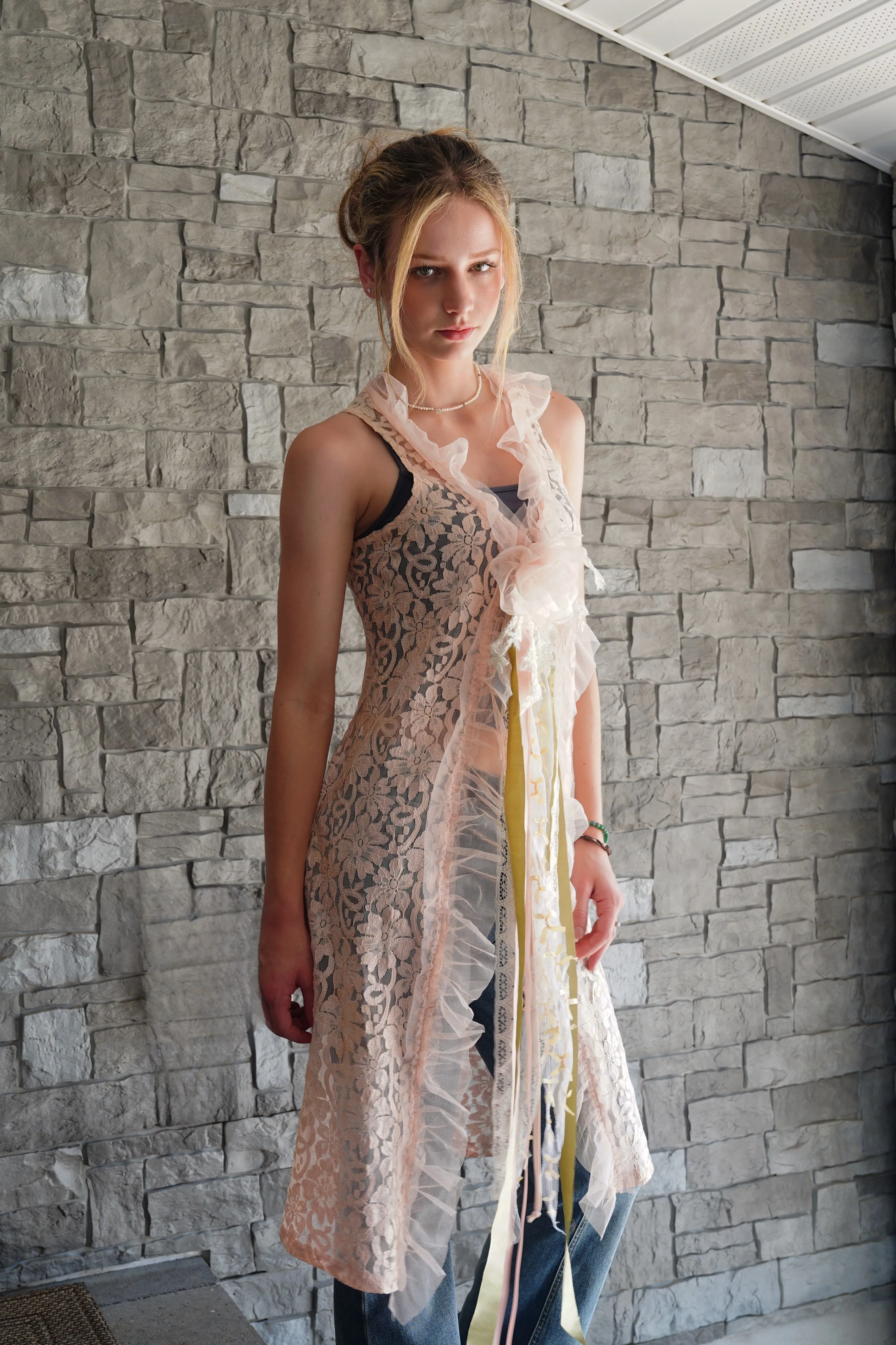 "Elegant Peach Lace Duster Vest with Tulle Ruffle and Ribbon Closure"