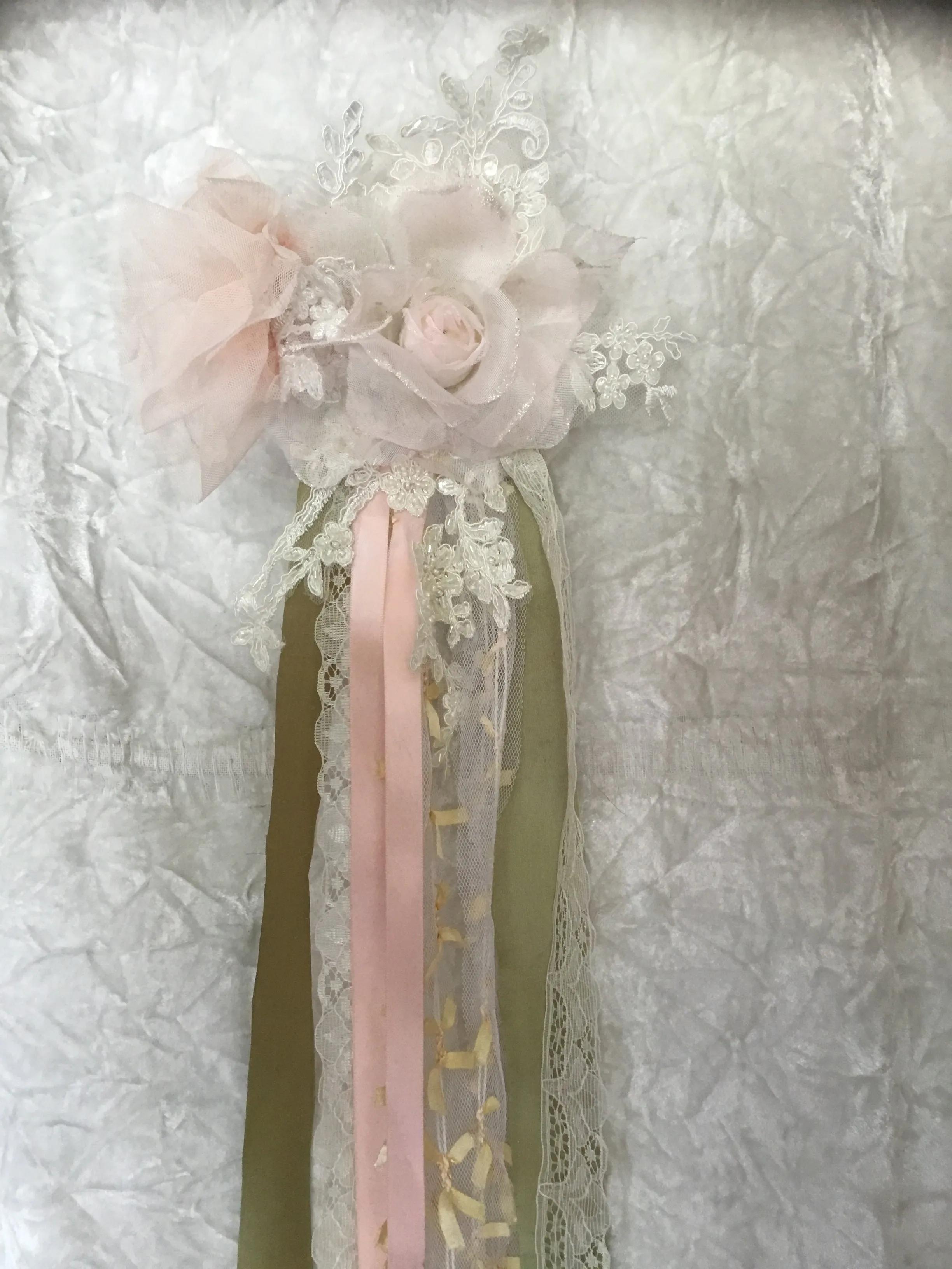 "Elegant Peach Lace Duster Vest with Tulle Ruffle and Ribbon Closure"