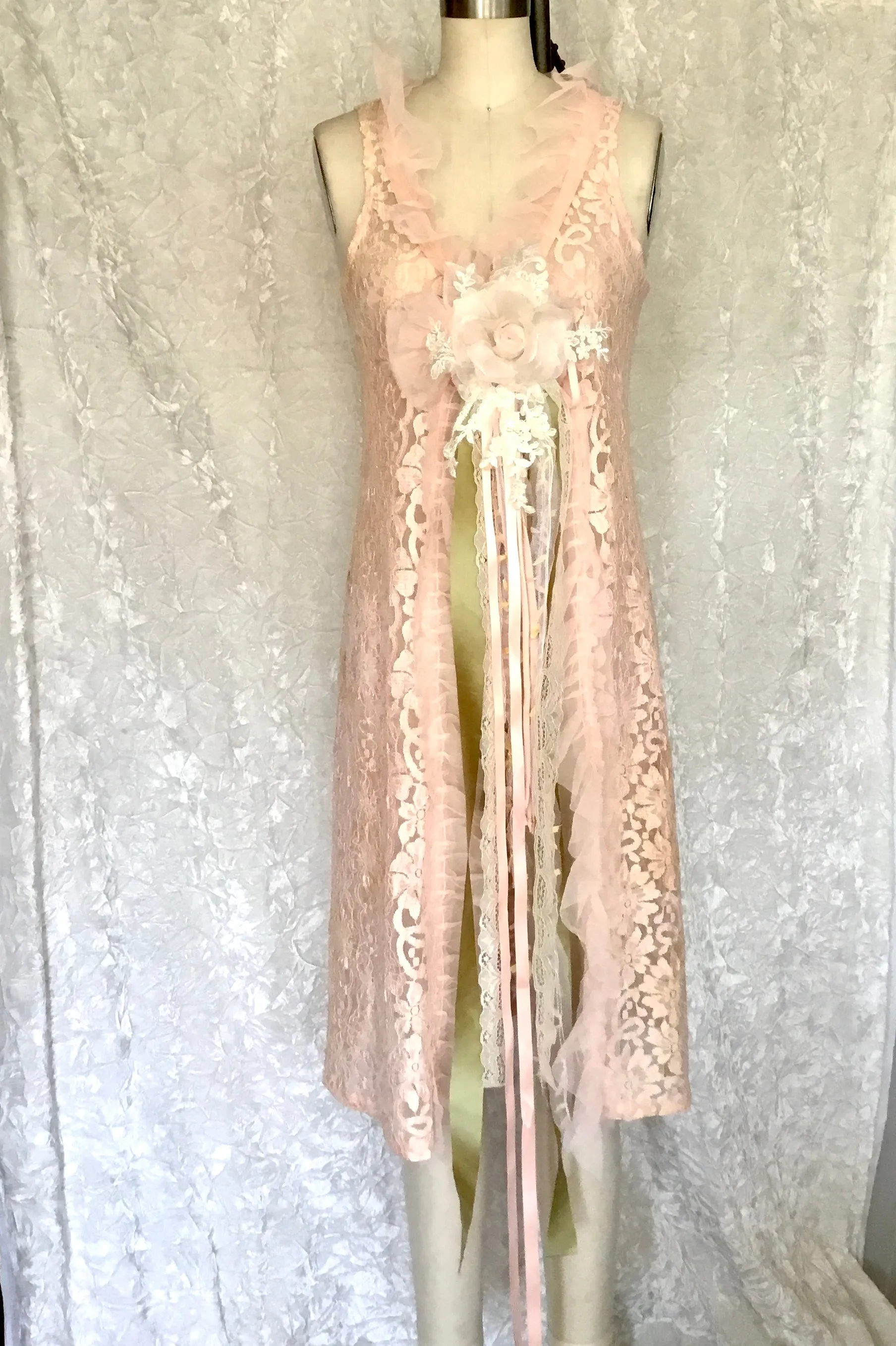 "Elegant Peach Lace Duster Vest with Tulle Ruffle and Ribbon Closure"