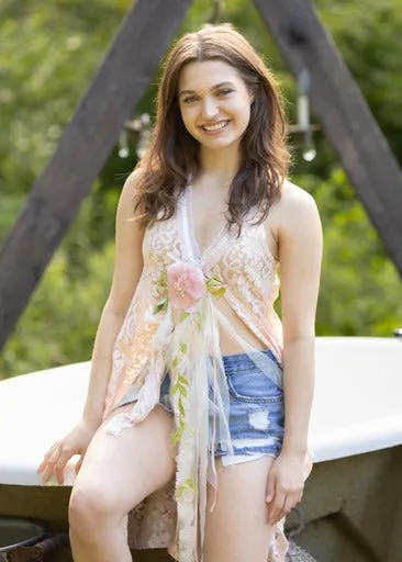 "Elegant Peach Lace Duster Vest with Tulle Ruffle and Ribbon Closure"