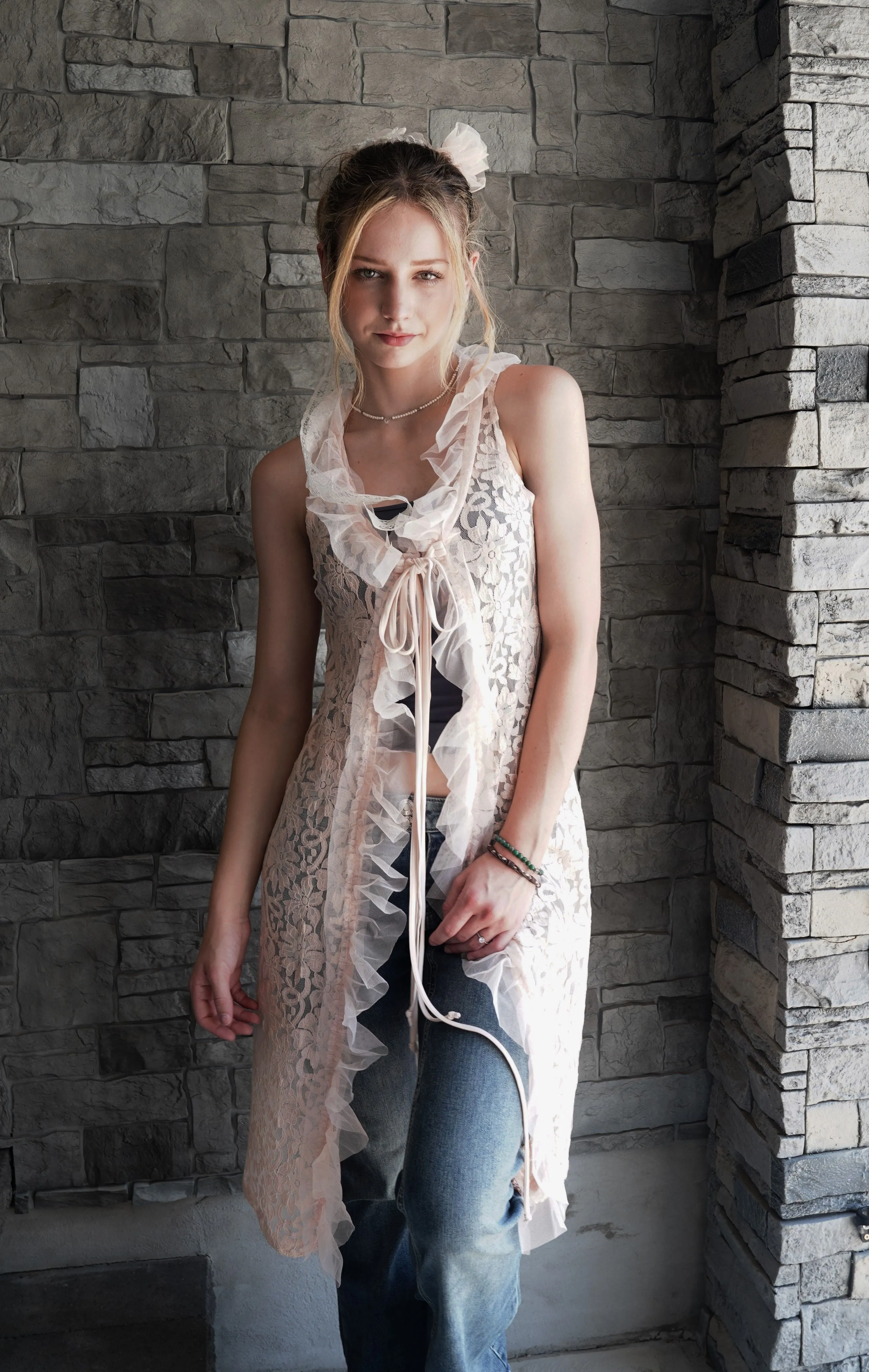 "Elegant Peach Lace Duster Vest with Tulle Ruffle and Ribbon Closure"