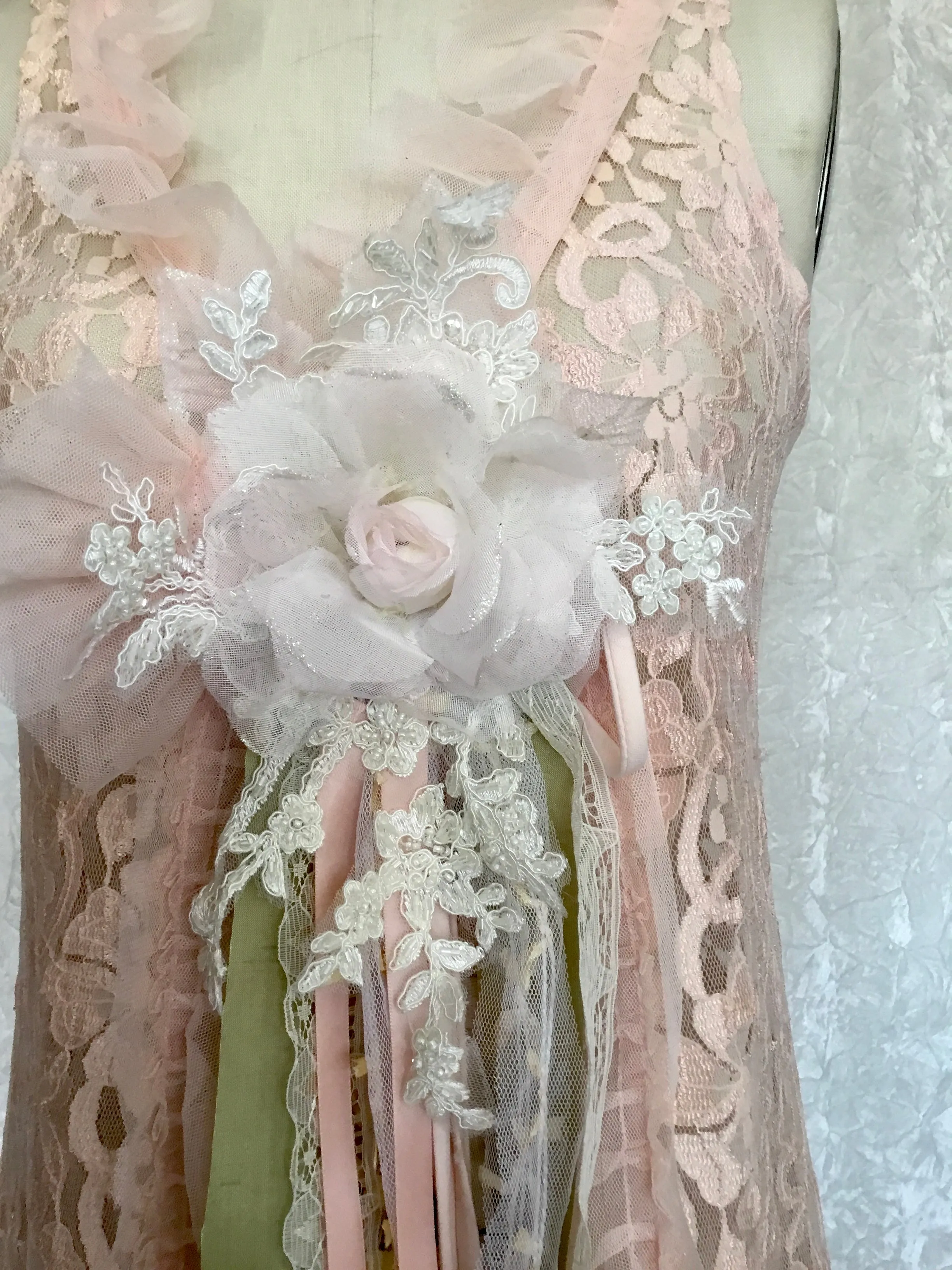 "Elegant Peach Lace Duster Vest with Tulle Ruffle and Ribbon Closure"