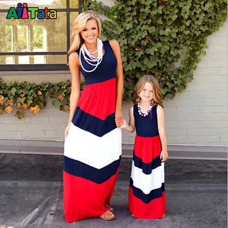 Summer Style Family Matching Outfits mother daughter dresses Contrast Color blue A-Line Dress Ankle-Length mother & kids clothes