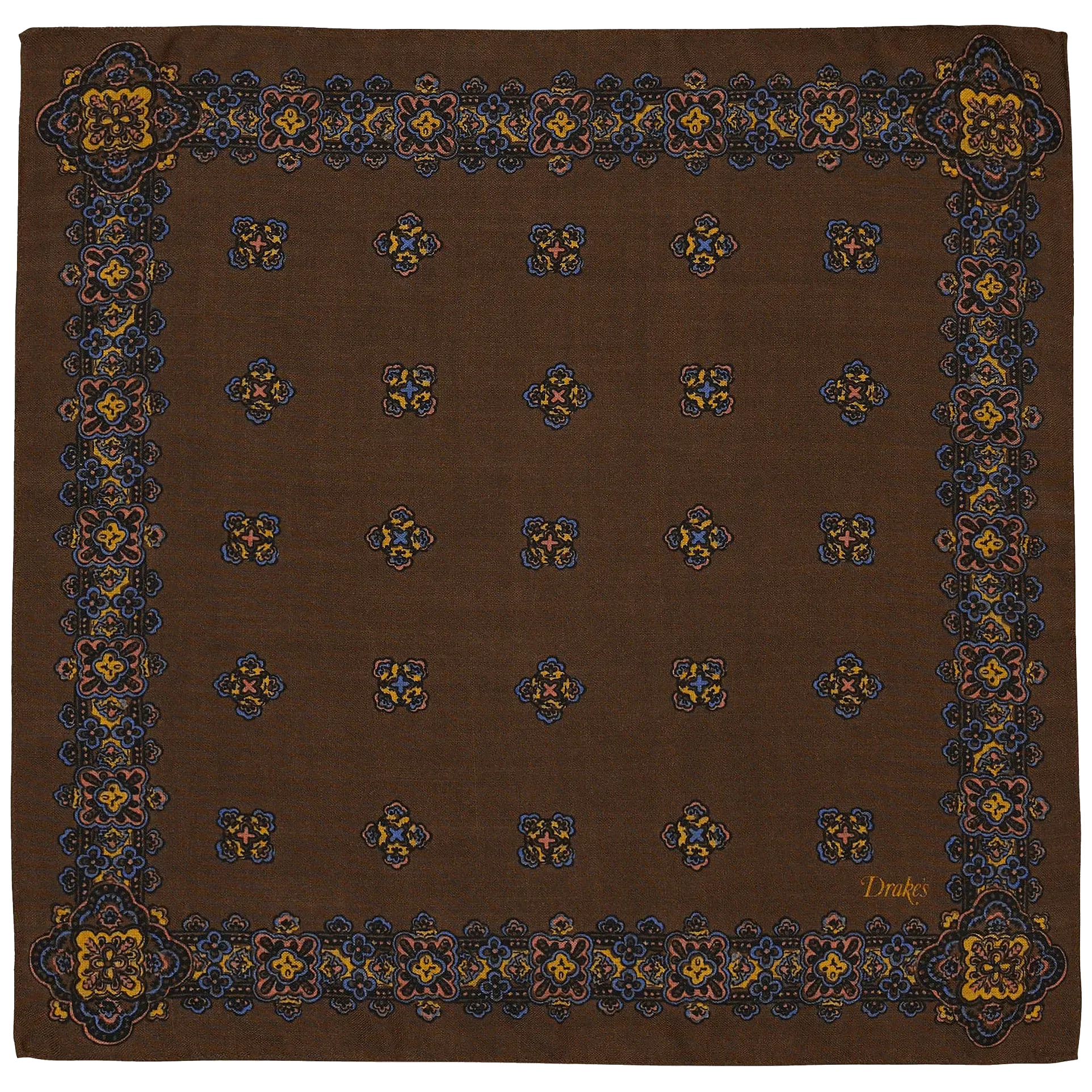 Wool / Silk Pocket Square - Medallion Border Brown