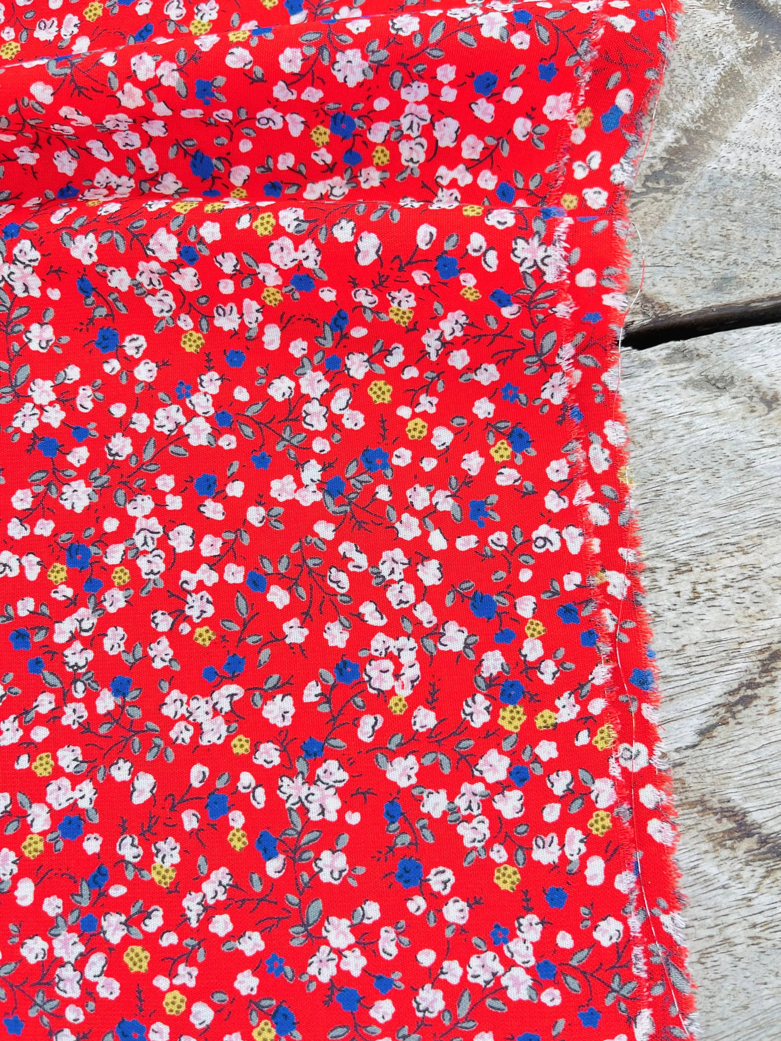 Woolpeach dainty floral  fabric by the yard - Red white small flowers